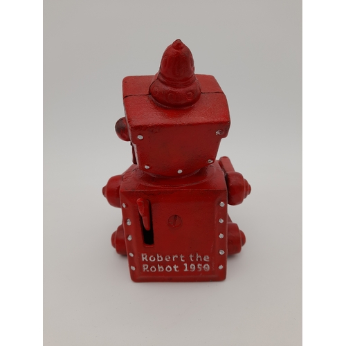 486 - Mechanical Cast Iron Robert the Robot Money Bank - 18cm tall