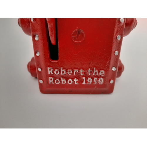 486 - Mechanical Cast Iron Robert the Robot Money Bank - 18cm tall