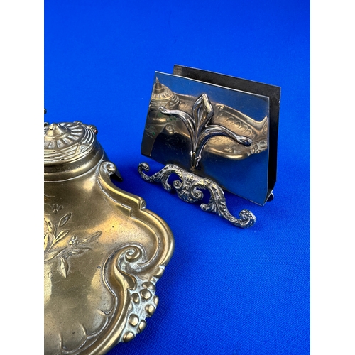 501 - Brass Art Nouveau Style Inkwell & Two Metal Letter Racks