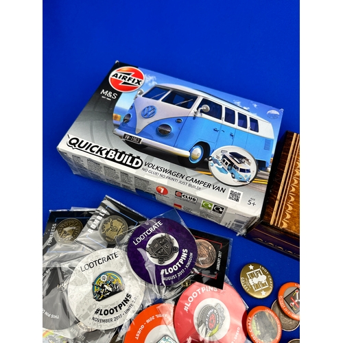 506 - Inlaid Box with Loot Pin Badges, Old Pennies & Airfix VW Transporter