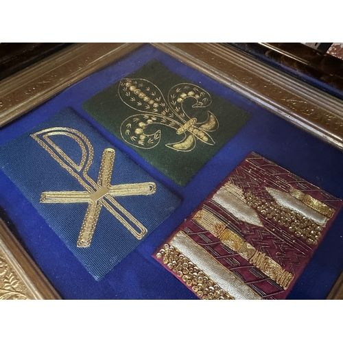 459 - Religious Fabrics possibly from a Priest Stole or Chasuble. Mounted, Framed and Glazed