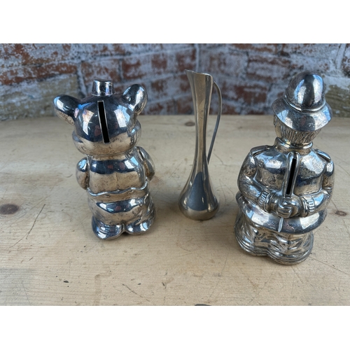 466 - Two Metal Money Boxes and Silver Plae Bud Vase