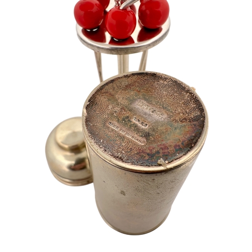 447 - Miniature Vintage Silver Plated Cocktail Shaker with Cherry Bakelite Picks by P.H.Vogel  & Co