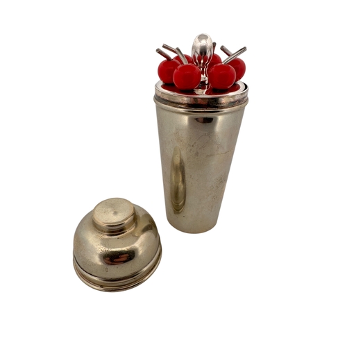 447 - Miniature Vintage Silver Plated Cocktail Shaker with Cherry Bakelite Picks by P.H.Vogel  & Co