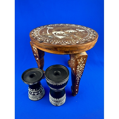 439 - Small Inlaid Elephant Table & Tribal Style Candle Holders