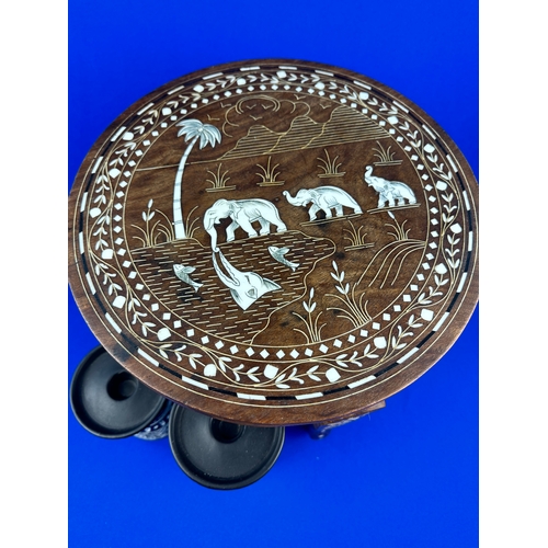 439 - Small Inlaid Elephant Table & Tribal Style Candle Holders