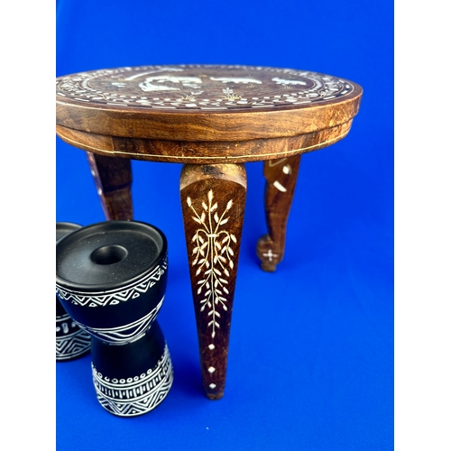 439 - Small Inlaid Elephant Table & Tribal Style Candle Holders