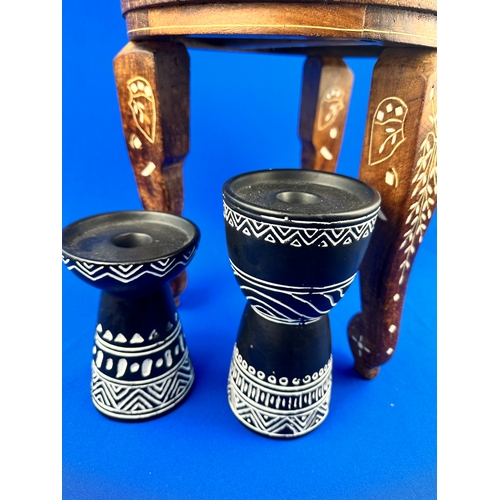 439 - Small Inlaid Elephant Table & Tribal Style Candle Holders