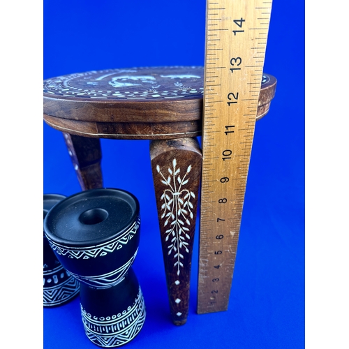 439 - Small Inlaid Elephant Table & Tribal Style Candle Holders