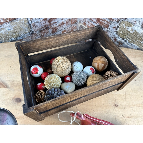 695 - Wooden Crate with Ornaments, Scratch Built Horse & Cart & Vintage Scales