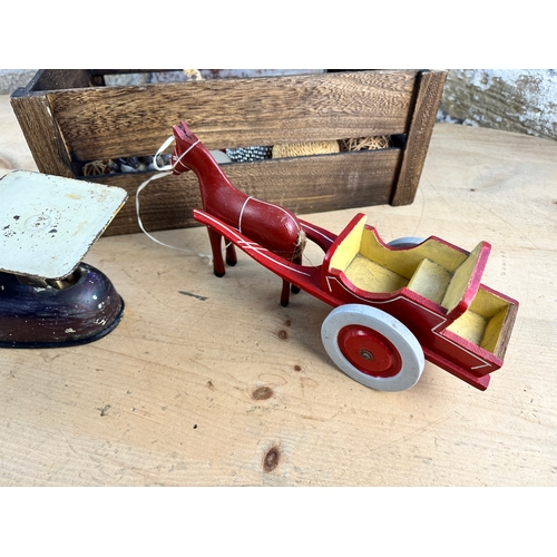 695 - Wooden Crate with Ornaments, Scratch Built Horse & Cart & Vintage Scales