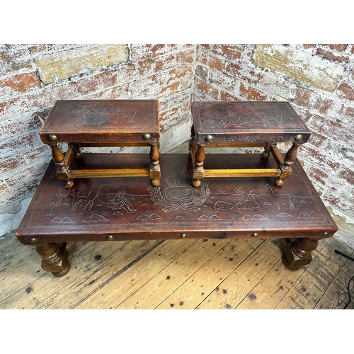 738 - Vintage Peruvian Leather Topped Coffee Table & Stools