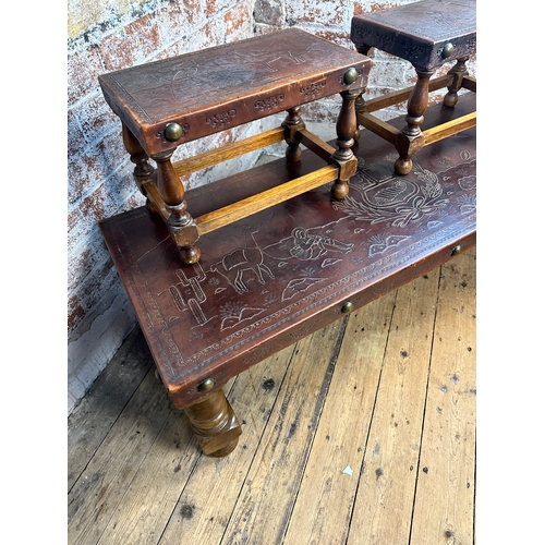 738 - Vintage Peruvian Leather Topped Coffee Table & Stools