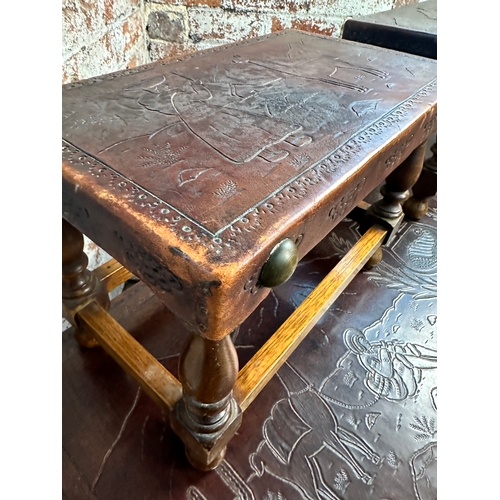 738 - Vintage Peruvian Leather Topped Coffee Table & Stools