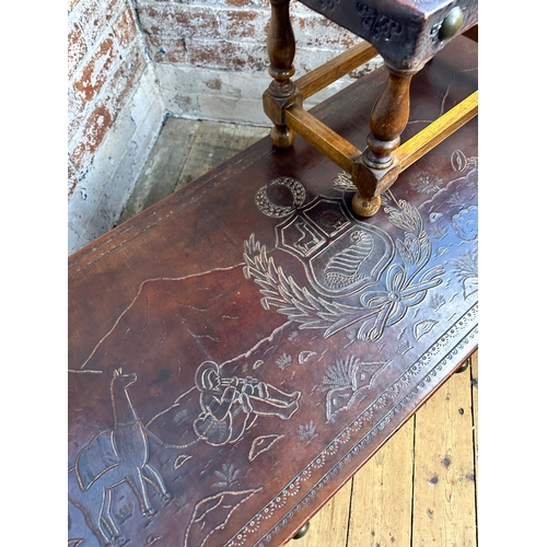 738 - Vintage Peruvian Leather Topped Coffee Table & Stools