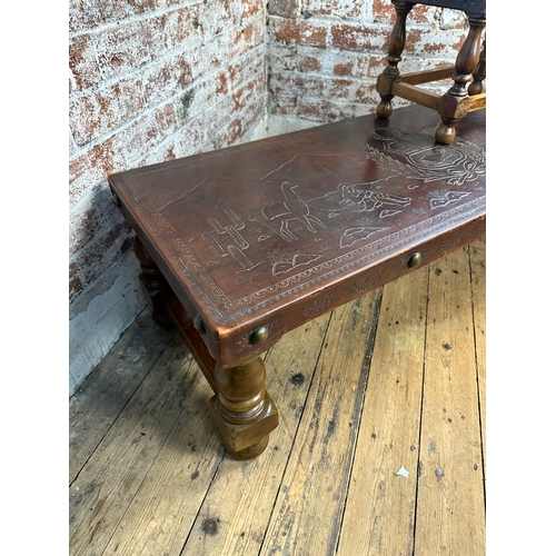 738 - Vintage Peruvian Leather Topped Coffee Table & Stools