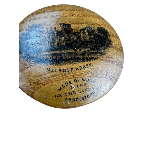 186 - Antique Mauchline Ware Box Decorated with a View of Melrose Abbey and Inscribed 'Made of Wood Grown ... 