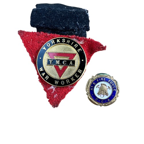 197 - World War Two 'YMCA Yorkshire War Worker' Enamel Badge by Fattorini, Bradford and a 'No. 5 Fire Forc... 