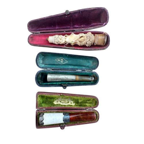 243 - Cased Meerschaum and Amber Cheroot Holder with Silver Mounts Stamped 'WHC Silver' and Two Other Case... 