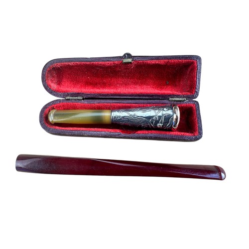 244 - Continental White and Yellow Metal Cheroot Holder (Cased) and a Cherry Bakelite Cigarette Holder