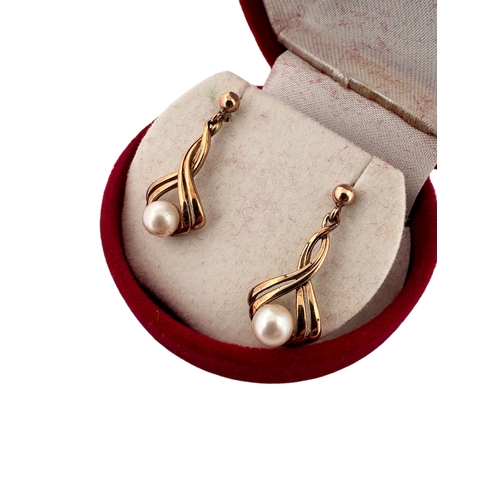 64 - Nine Carat Gold & Pearl Pendant Drop Earrings 2.4g...