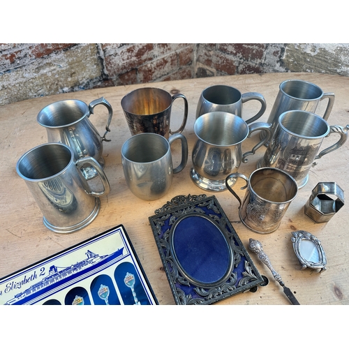 351 - Mixed Metalware items including Pewter & QE2 Spoons etc.