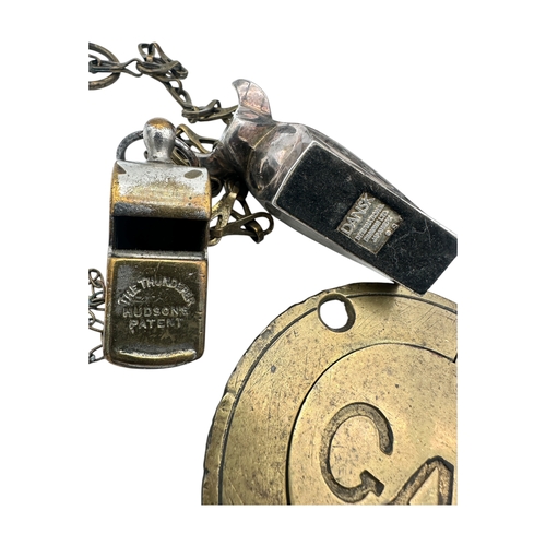 303 - Small Mixed Metalware items including Hudson's Patent 'The Thunderer' Whistle, Rattle, Dansk Interna... 