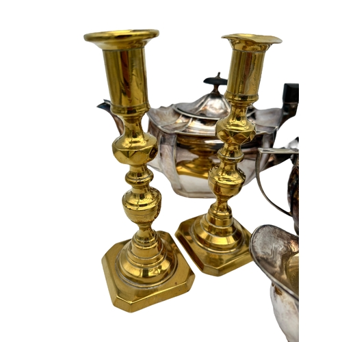 326 - Pair of Antique Brass Candlesticks & EPNS Tea Set