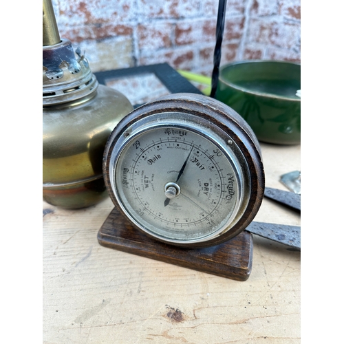 265 - Box of Colecatbles including Desktop Barometer, Antique Brass Candlestick, Salt Glazed Stoneware Coo... 