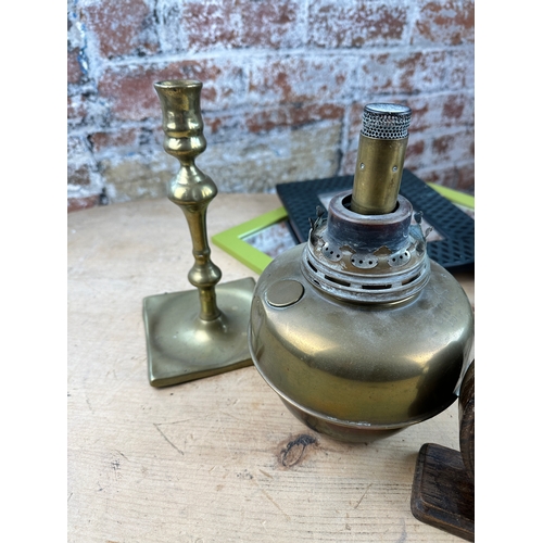 265 - Box of Colecatbles including Desktop Barometer, Antique Brass Candlestick, Salt Glazed Stoneware Coo... 