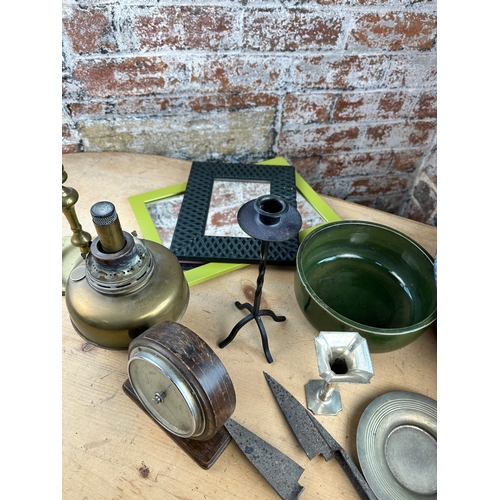 265 - Box of Colecatbles including Desktop Barometer, Antique Brass Candlestick, Salt Glazed Stoneware Coo... 