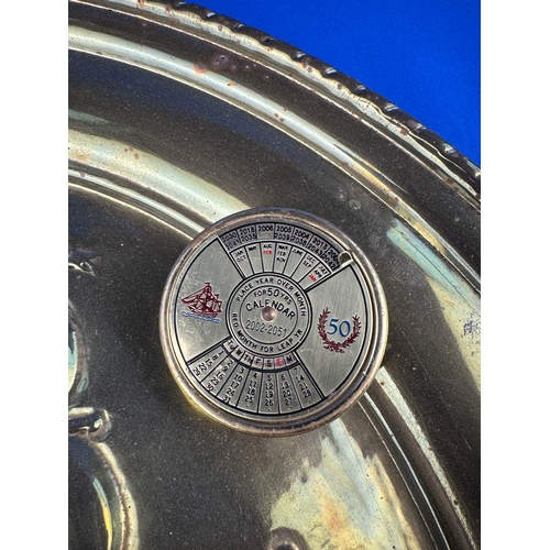 236 - Nautical Themed Brass Plate alongside Nautical Themed 50yr Calendar and horn rimmed magnifier a/f