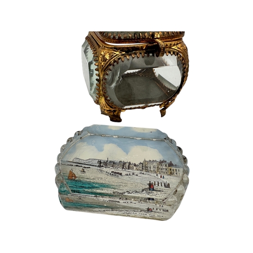 212 - Antique Gilt Metal & Bevelled Glass Trinket Box with Ostend Image alongside Vintage Redcar From The ... 