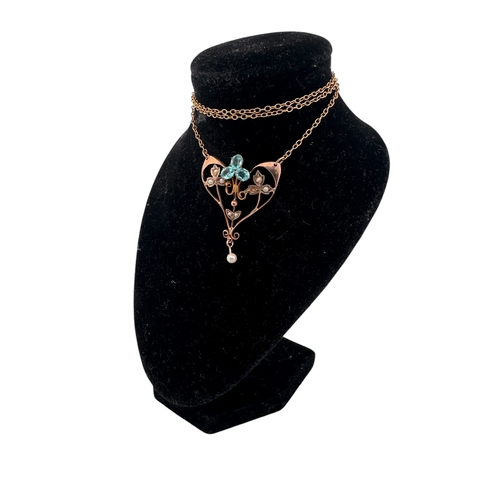 5 - Nine Carat Gold Edwardian Lavalier Necklace with Seed Pearls & Aquamarine Colour Stones 3.5g...