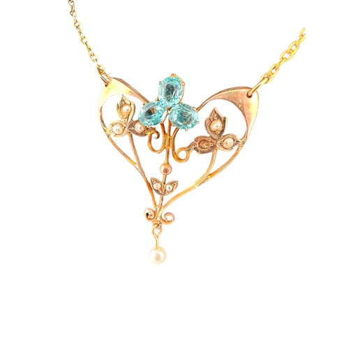 5 - Nine Carat Gold Edwardian Lavalier Necklace with Seed Pearls & Aquamarine Colour Stones 3.5g...