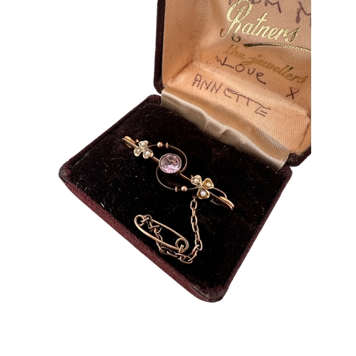 6 - NIne Carat Gold Edwardian Brooch with Seed Pearls & Amethyst Coloured Stone 3.5g...