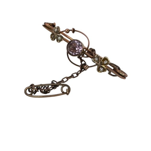 6 - NIne Carat Gold Edwardian Brooch with Seed Pearls & Amethyst Coloured Stone 3.5g...