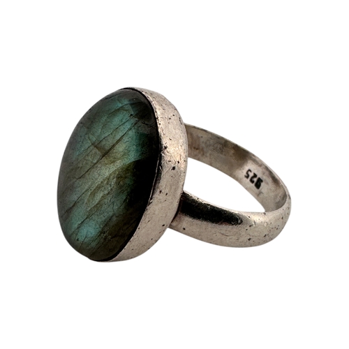 17 - Silver Ring with Labradorite Cabochon. Stamped 925, Size P. 5.7g