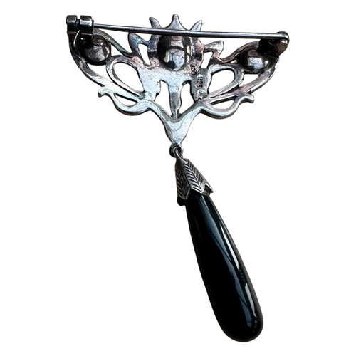 22 - Silver, Marcasite and Black Onyx  Art Nouveau Style Brooch with Drop. Stampewd 925. 10.2g