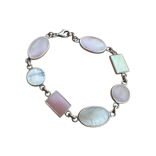 23 - Silver and Mother of Pearl Panel Bracelet stamped 925. 14g