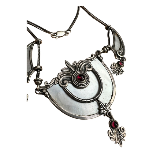 54 - Unusual & Elaborate Silver, Mother of Pearl and Ruby Necklace, stamped 925 to reverse and clasp. 22.... 