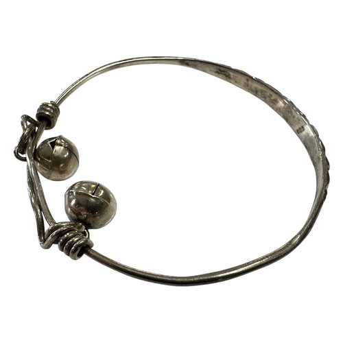 53 - Handmade Silver Expanding Bangle with Bells - stamped 925, 12.7g