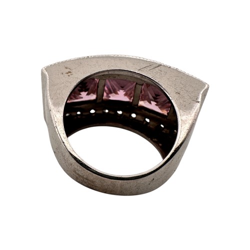 68 - Silver Statement Ring with 3 Pink Stones - stamped 925 with Sheffield hallmarks, size L, 11.4g