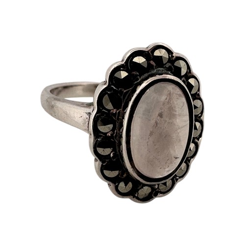 73 - Silver, Marcasite and Moonstone Ring - stamped 'Silver', size M, 4.5g