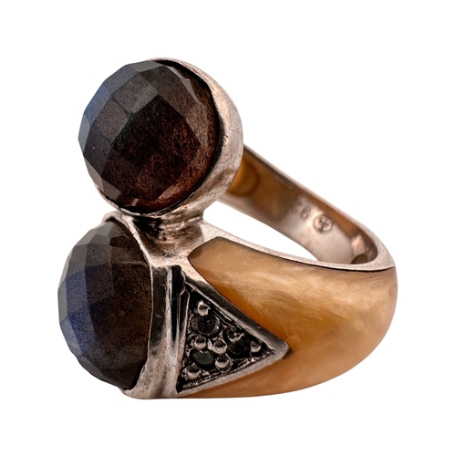 119 - Silver, Enamel and Labradorite Ring. Stamped 925 with Makers Mark CJB. Size N. 11g