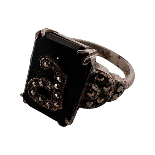117 - Unusual 1930's Art Deco Silver and Marcasite Initial Ring, Letter A. Stamped 'Silver'. Size L. 5.8g