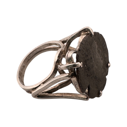 118 - Unusual Handmade Silver Ring set with Ancient Roman Coin. Tiny Stamped Mark to Exterior of Band. Siz... 