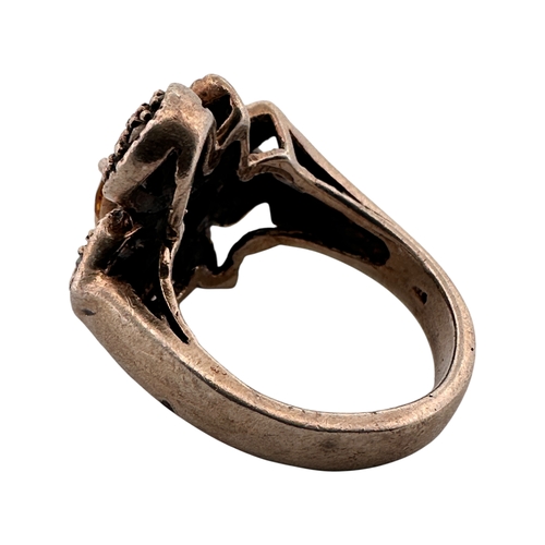 115 - Silver and Marcasite Flower Ring with Yellow Stone. Stamped 925. Size K. 7.4g