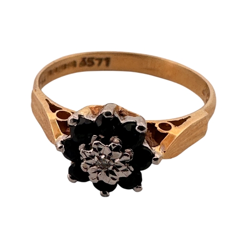 99 - Eighteen Carat Gold Ring set with Diamond & Sapphires, Size L. 2.81g