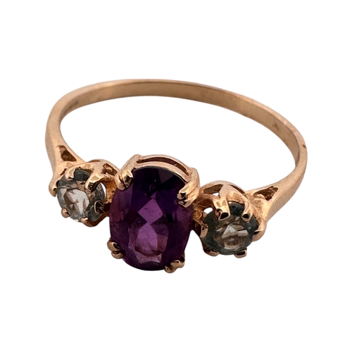 108 - Nine Carat Gold Ring set with Amethyst & Two Smaller White Sones. Size P 1.51g
